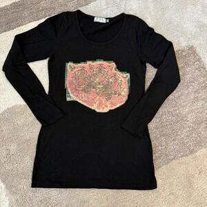 POL Women's Black Long Sleeve T Shirt Tiger Sequin Graphic Print Top Large‎